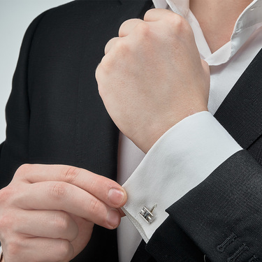 Серебряные запонки с черным фианитом, родий