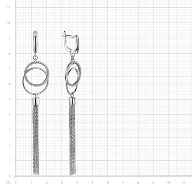 Серебряные серьги с подвесками-кольцами и кисточками, длина 7,7 см, родирование