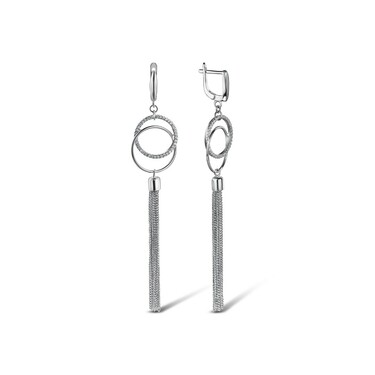 Серебряные серьги с подвесками-кольцами и кисточками, длина 7,7 см, родирование