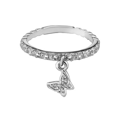 Серебряное женское кольцо Бабочка / Дорожки с белыми камнями фианиты, родий