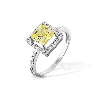 Серебряное женское кольцо Квадрат / Дорожки с желтым и белыми камнями фианитами, родий