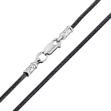 Ювелирный шнурок Гайтан черный, Натуральная плетеная кожа 2 мм с серебряным замком, Родирование
