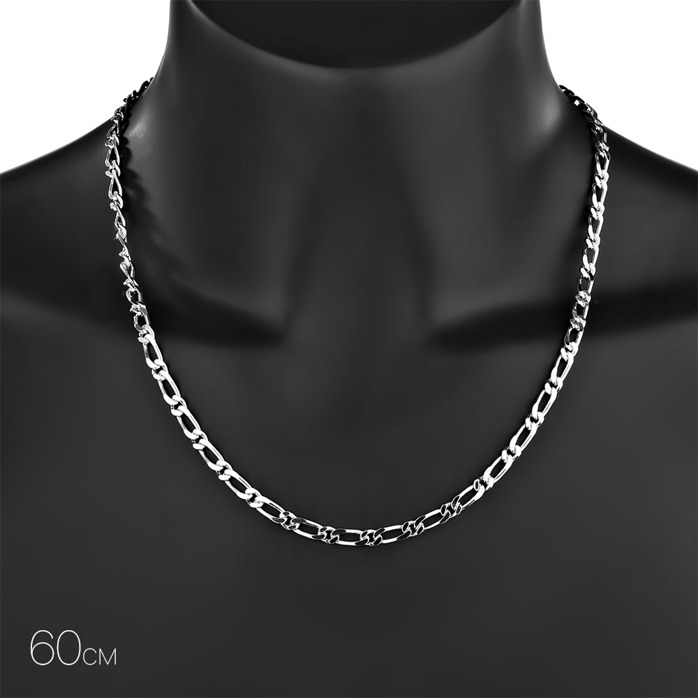 Серебряная цепочка, плетение Картье (Фигаро) 1+1, родированая, ширина 5 мм Цепочка на шею,Серебро,с замком Карабинный,РОССИЯ