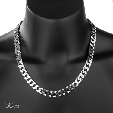 Серебряная мужская цепь, плетение Панцирь, покрытие родием, ширина 1 см