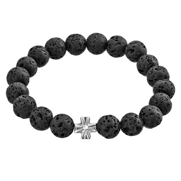 Мужской браслет из лавового камня с серебряной вставкой 