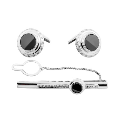 Серебряный зажим для галстука, с белым фианитами и ониксом