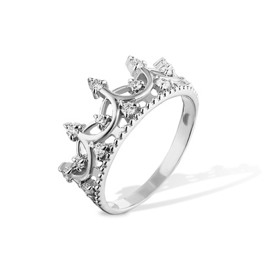 Серебряное женское кольцо Корона, белый фианит, родий