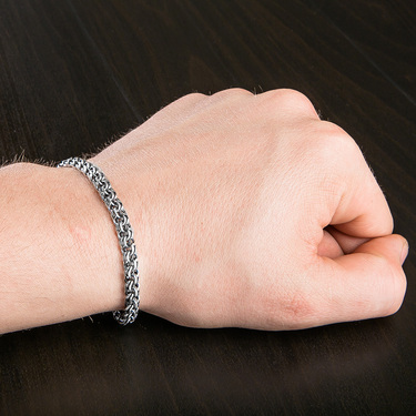Серебряный мужской браслет, плетение Бисмарк ручной вязки с чернением, ширина 6 мм