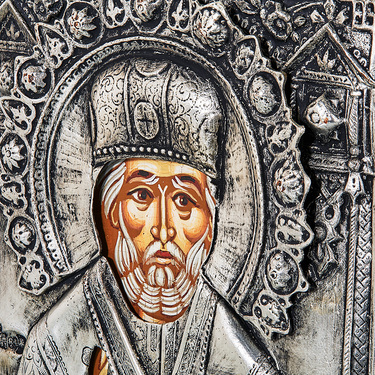 Православная икона Святой Николай Чудотворец, Антик, 12х16 см, серебро, гальваника