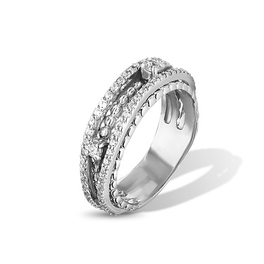 Серебряное широкое женское кольцо Дорожки с белыми камнями фианитами, родий