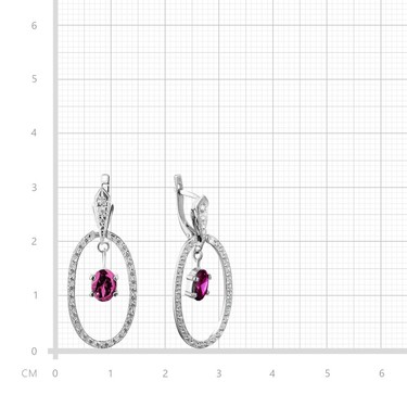 Серебряные женские овальные серьги с рубиновым корундом и дорожкой из фианитов, родий