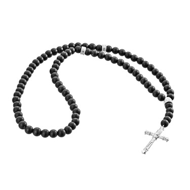 Бусы-четки из шунгита с католическим крестом и серебряными вставками (размер 60)