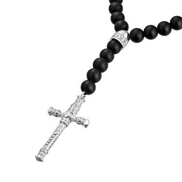 Бусы-четки из шунгита с католическим крестом и серебряными вставками (размер 60)