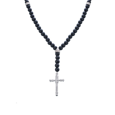 Бусы-четки из шунгита с католическим крестом и серебряными вставками (размер 60)