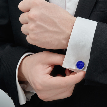 Серебряные круглые запонки Николая II с фианитами, синяя эмаль