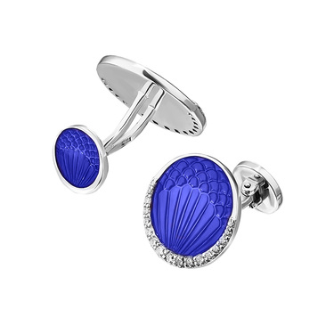 Серебряные круглые запонки Николая II с фианитами, синяя эмаль