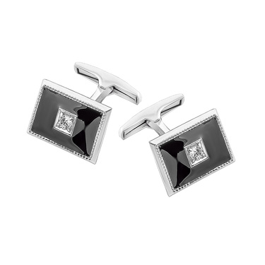 Серебряные запонки в рубашку, покрытие родием, черная эмаль, фианиты