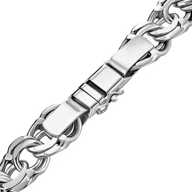 Широкий мужской браслет, плетение ручной плоский Бисмарк с родием, замок коробочка, ширина 1,7 см