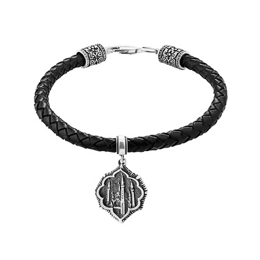 Мужской браслет из натуральной кожи 5 мм, плетеный, с серебряной подвеской Мечеть