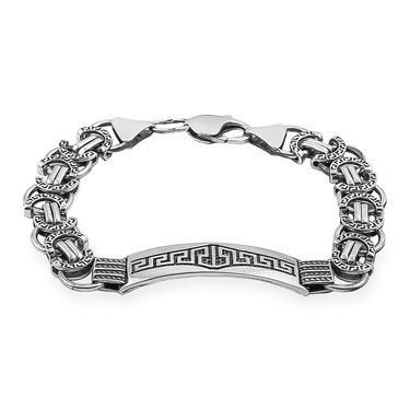 Серебряный мужской браслет с греческой проставкой, с чернением, ширина 1 см