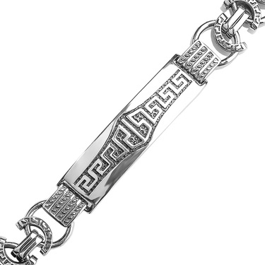 Серебряный мужской браслет с греческой проставкой, с чернением, ширина 1 см