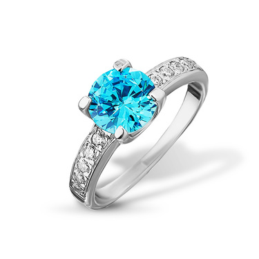 Серебряное женское помолвочное кольцо с голубым фианитом, родий