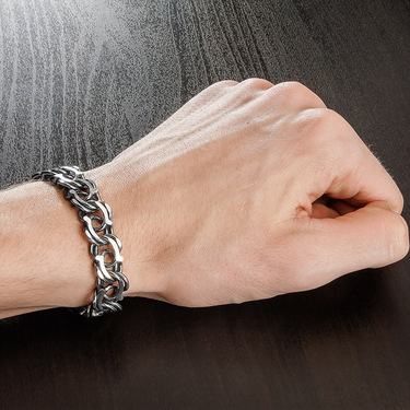 Толстый серебряный мужской браслет, плетение Арабский Бисмарк с чернением, ширина 1,3 см