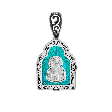 Серебряная подвеска иконка св. Николай-Чудотворец, эмаль черная/бирюза