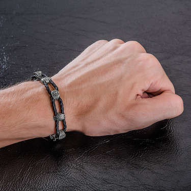 Браслет из плетеной кожи с серебряными вставками, ширина 1 см