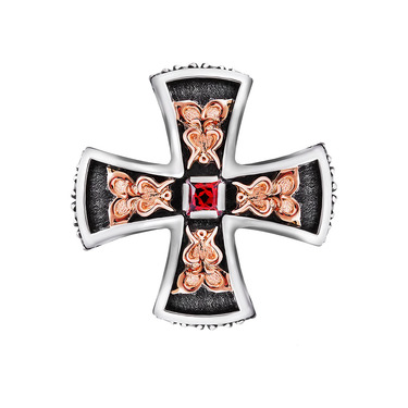 Серебряный Мальтийский крест, с золотыми накладками и чернением, вставка гранат, циркон