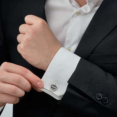 Серебряные запонки мужские RUS, с черной эмалью