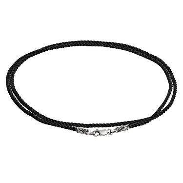 Ювелирный шнурок Гайтан черный, Шелк 2 мм с серебряным ажурным замком, Чернение