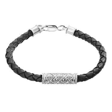 Браслет из плетеной кожи с серебряными вставками, ширина 5,2 мм