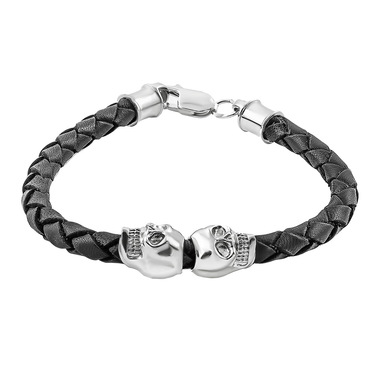 Кожаный браслет с серебряными вставками череп, ширина 0,8 см