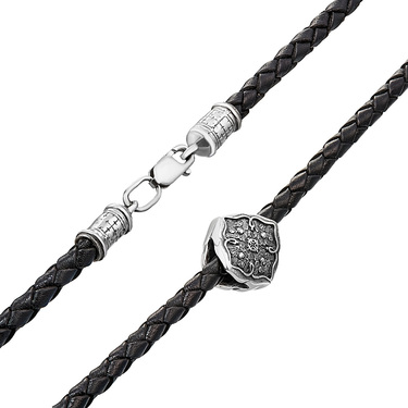 Ювелирный шнурок Гайтан черный, Натуральная плетеная кожа 4 мм с серебряным замком, Оксидирование