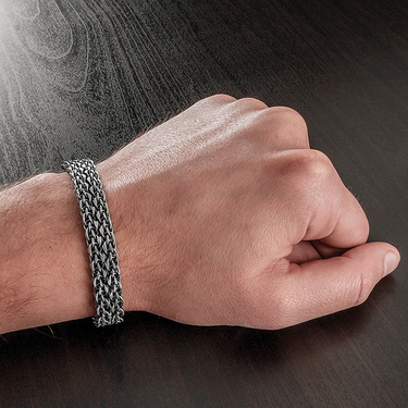 Серебряный мужской браслет, плетение двойной Бисмарк, оксидирование, ширина 1,1 см