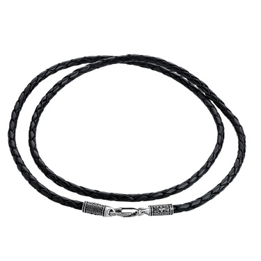 Ювелирный шнурок Гайтан черный, Натуральная кожа 3 мм с серебряным замком, Чернение