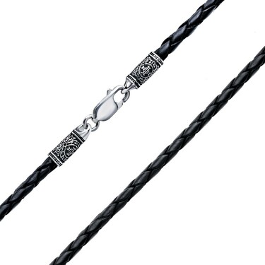 Ювелирный шнурок Гайтан черный, Натуральная кожа 3 мм с серебряным замком, Чернение