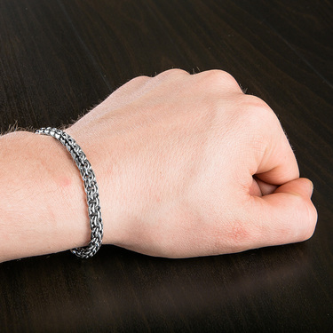 Серебряный мужской браслет, плетение Бисмарк ручной вязки с чернением, ширина 6 мм