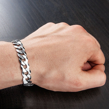 Серебряный мужской плоский браслет, плетение Панцирное, родий, ширина 1,1 см