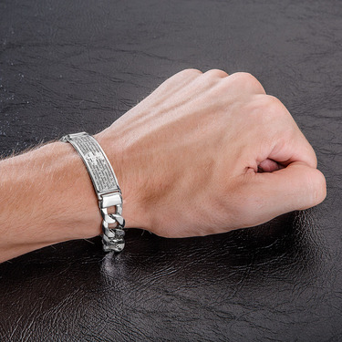 Серебряный мужской браслет, плетение Панцирь, вставка с молитвой 