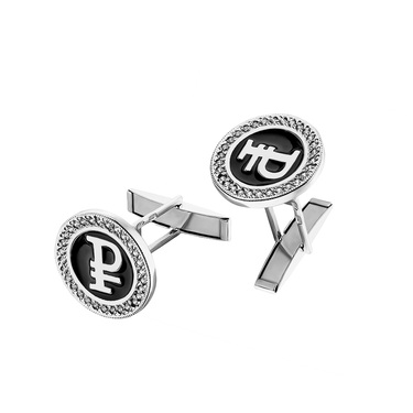 Серебряные запонки мужские Знак Рубля, с черной эмалью и белыми фианитами
