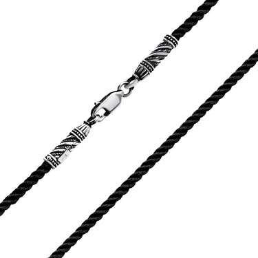 Ювелирный шнурок Гайтан черный, Шелк 2 мм с серебряным ажурным замком, Чернение