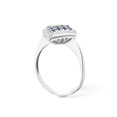 Серебряное женское кольцо Квадарат / Дорожка с синими и белыми камнями фианитами, родий