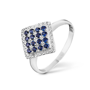 Серебряное женское кольцо Квадарат / Дорожка с синими и белыми камнями фианитами, родий