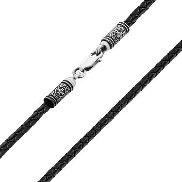 Ювелирный шнурок Гайтан черный, Натуральная кожа 4,2 мм с серебряным замком, Чернение