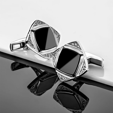 Серебряные запонки в рубашку, с белым фианитом и ониксом
