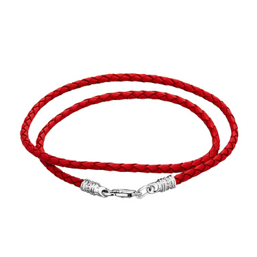 Ювелирный шнурок Гайтан красный, Натуральная плетеная кожа 3 мм с серебряным замком, Родирование