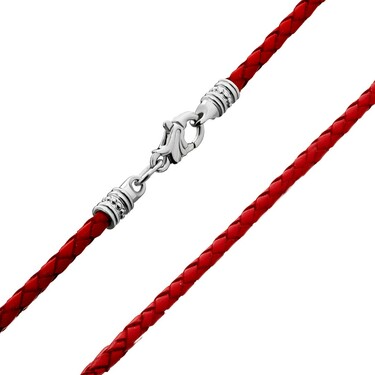Ювелирный шнурок Гайтан красный, Натуральная плетеная кожа 3 мм с серебряным замком, Родирование