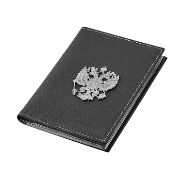 Кожаная обложка для автодокументов с серебряным гербом РФ